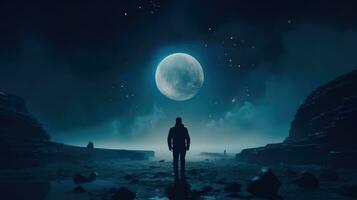 ein Nachtzeit Gelassenheit von ein Mann und ein voll Mond im ein dunkel Blau Raum ai generiert foto