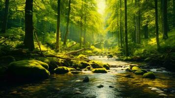 Wald Strom ein friedlich und heiter Natur Szene ai generiert foto