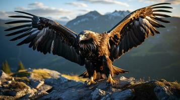 hochfliegend Adler mit beeindruckend Spannweite und golden Gefieder ai generiert foto