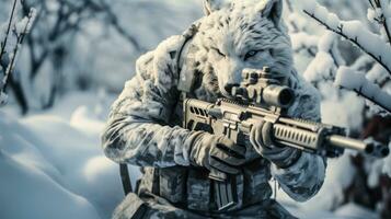 ein Schnee getarnt Wolf mit ein Gewehr jagt Nieder ein Hirsch im das Winter Wildnis ai generiert foto