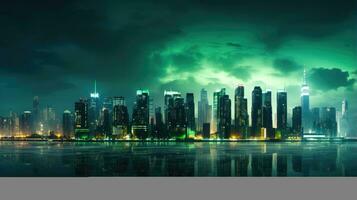 ein modern Stadt mit Wolkenkratzer und ein Grün Aurora Borealis ai generiert foto