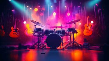 Neon- Musik- künstlerisch Musical Bilder mit bunt Instrumente und Beleuchtung ai generiert foto