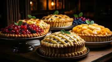 Vitrine das golden flockig Krusten und üppig Füllungen von hausgemacht Kuchen ai generiert foto