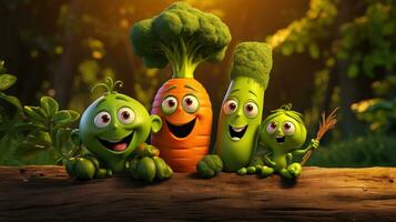 ein Familie von Gemüse ein Karotte Papa ein Brokkoli Mama und ein Erbse pod Baby im ein Park Szene ai generiert foto