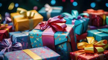 ein Weihnachten Design ein bunt und dekorativ Hintergrund von Geschenk Kisten ai generiert foto