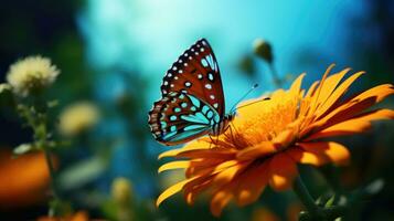 Schmetterling Fotografie ein beschwingt Nahansicht von ein Golf Perlmutterfalter auf ein Blume ai generiert foto