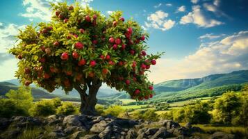 knotig Apfel Baum im ein heiter Landschaft ai generiert foto