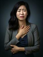 asiatisch Frau erscheint zu Sein im Schmerzen auf grau Hintergrund ai generativ foto