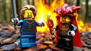 Lego Krieger kämpfen im ein heftig Epos Duell ai generativ foto