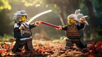 Lego Krieger kämpfen im ein heftig Epos Duell ai generativ foto