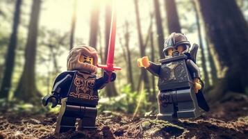 Lego Krieger kämpfen im ein heftig Epos Duell ai generativ foto