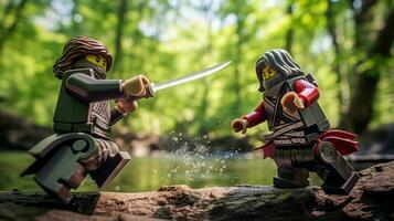 Lego Krieger kämpfen im ein heftig Epos Duell ai generativ foto