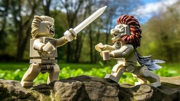 Lego Krieger kämpfen im ein heftig Epos Duell ai generativ foto