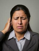Mexikaner Frau erscheint zu Sein im Schmerzen von Kopfschmerzen ai generativ foto