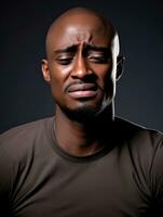 schwarz Mann mit Schmerzen auf neutral Hintergrund ai generativ foto