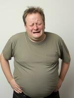 Mann mit Magenschmerzen auf neutral Hintergrund ai generativ foto