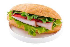 köstlich Schinken Sandwich isoliert auf Weiß Teller foto
