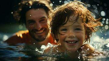 Vater und Sohn Lächeln und Lachen freudig, Vater Umarmungen und unterrichtet seine Sohn zu schwimmen im das Wasser im das Meer oder Schwimmbad, Konzept von väterlich Liebe und Bildung foto