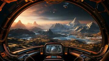 Aussicht von Innerhalb das Kabine von ein futuristisch Raumschiff auf ein exotisch Außerirdischer Planet foto