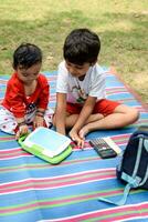 zwei glücklich Jungs im Gesellschaft Park, glücklich asiatisch Brüder Wer sind lächelnd glücklich zusammen. Brüder abspielen draußen im Sommer, Beste Freunde. Kleinkind Baby Junge spielen mit seine glücklich Bruder im das Garten foto