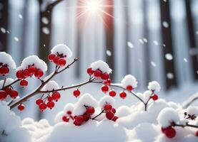 rot Beeren im das Winter Wald Foto Hintergrund ai generativ