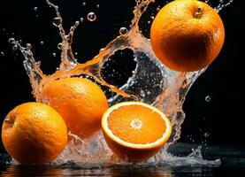 Orange Früchte fallen im das Wasser spritzt ai generativ foto