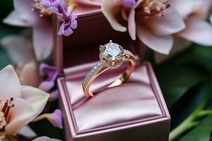 Hochzeit Ring im ein Rosa Kasten. Hochzeit Hintergrund foto
