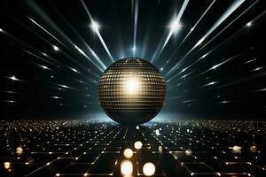 golden Disko Ball im ein dunkel leeren Zimmer. Reflexionen von Licht auf ein Disko Ball foto