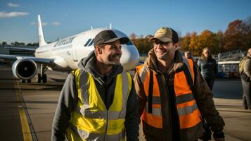 zwei Männer Arbeitskräfte im Gelb Westen Stehen im Vorderseite von Flugzeug. foto