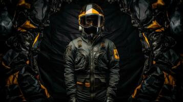 Pilot Flugzeug im Helm und schützend passen auf ein schwarz Hintergrund. foto