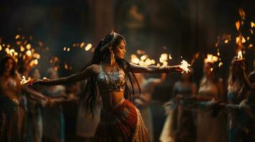 schön jung indisch Frau im traditionell Kostüm mit Verbrennung Fackeln im ihr Hand foto