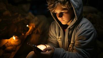 Teenager Junge mit Handy, Mobiltelefon Telefon im dunkel unter Tage Höhle beim Nacht. foto