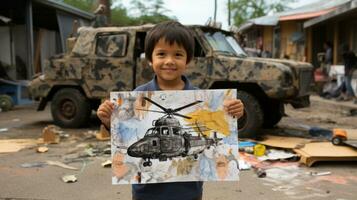 Vietnamesisch Junge halten ein Bild von ein Hubschrauber im Vorderseite von ein Militär- LKW, Kinder von Krieg. foto