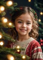 glücklich lächelnd europäisch wenig Mädchen im fröhlich Weihnachten und glücklich Neu Jahr Stimmung ai generativ foto