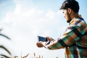 Smart Farmer überprüft Gerstenfarm mit Tablet-Computer foto