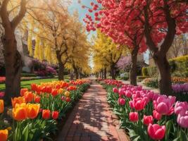 Gasse unter bunt Tulpen keukenhof Park liss im Holland generativ ai foto