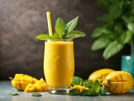 frisch Gelb Mango Smoothie im ein Glas mit Stroh frisch Früchte und Minze Sommer- tropisch trinken generativ ai foto