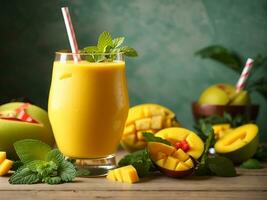 frisch Gelb Mango Smoothie im ein Glas mit Stroh frisch Früchte und Minze Sommer- tropisch trinken generativ ai foto