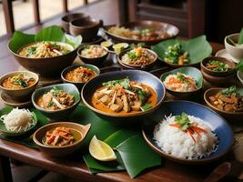 Foto Vielfalt authentisch thailändisch traditionell Mahlzeit auf Tabelle generativ ai