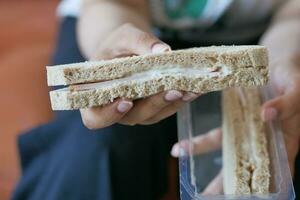 Frauen Hand halten Plastik Paket von Ei Hähnchen Sandwich foto