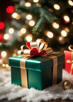 Foto von das Weihnachten Baum und Geschenk Kisten die Geschenke Weihnachten Beleuchtung glücklich Neu Jahr ai generativ