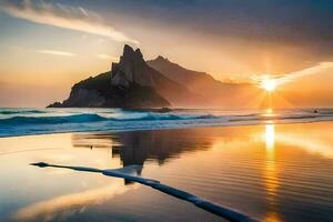 Sonnenuntergang auf das Strand, Berge, Wasser, Strand, hd Hintergrund. KI-generiert foto