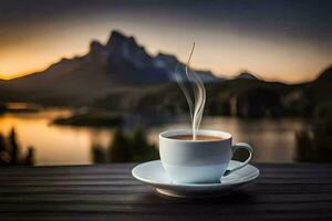 ein Tasse von Kaffee auf ein hölzern Tabelle mit ein Berg im das Hintergrund. KI-generiert foto