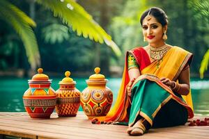 ein schön indisch Frau Sitzung auf ein hölzern Deck mit bunt Töpfe. KI-generiert foto