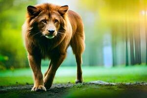 ein Löwe Gehen durch ein Wald. KI-generiert foto