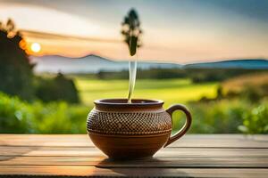 ein Tasse von Tee auf ein hölzern Tisch. KI-generiert foto