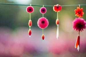 bunt Blumen hängend von ein Kabel. KI-generiert foto