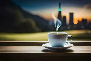 Kaffee Tasse auf das Fenster Schwelle. KI-generiert foto