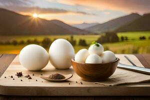 Eier auf ein Schneiden Tafel mit ein Schüssel von Gewürze. KI-generiert foto