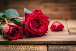 zwei rot Rosen auf ein hölzern Tisch. KI-generiert foto